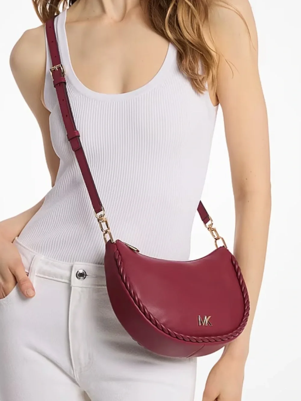 Michael Kors Braided-Handle Crescent Shoulder Bag in Burgundy